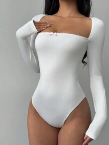 Aloruh Body de manga larga negro con cuello cuadrado sexy, decoración de lazo hecho a mano, y parches de encaje en la parte delantera para mujer