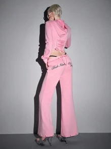 ROMWE Avant 2 件 Y2K 街头服饰刺绣蝴蝶结露背连帽衫套装（女款）