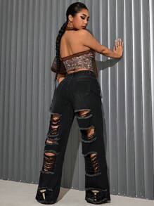 SHEIN SXY Jeans de cintura media, pierna recta, estilo casual y sexy con efecto desgastado para mujeres - Negro - Ver 1