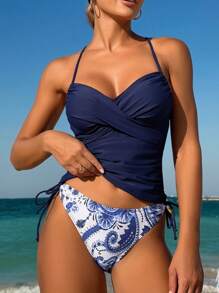 Swim Lushoire 女士夏季沙滩装，搭配纯色交叉扭纹比基尼上衣和三角比基尼下装