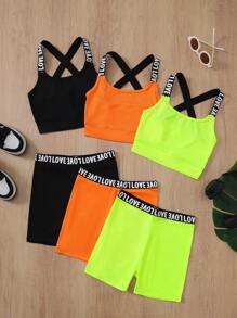 SHEIN 3pcs Tween Girls' Collegiate Casual Sports Letter Print Camisole And Shorts Set - Orange - View 1