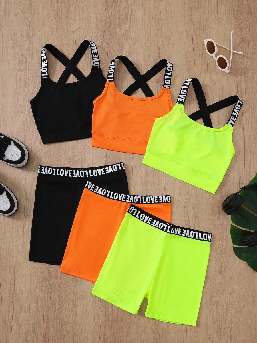 SHEIN 3pcs Tween Girls' Collegiate Casual Sports Letter Print Camisole And Shorts Set - Orange - View 1