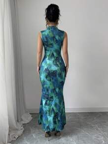 Elenzga Tie-Dye Flower Print Sleeveless Dress - Green - View 2