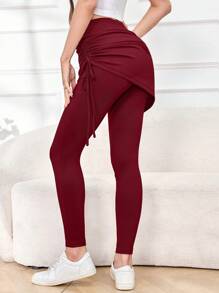 Mulvari 女士纯色高腰侧抽绳二合一紧身裤 - 酒紅色 - 查看 2