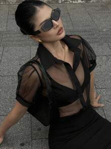 DAZY 女士简约透明网眼雪纺短袖衬衫，商务休闲