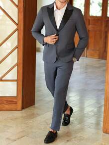Manfinity AFTRDRK Men's Solid Color Patchwork Front Button Long Sleeve Top And Pants Suit Set - Dark Grey - View 4
