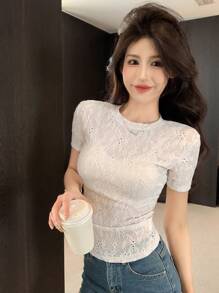 DAZY 休闲简约纯色纹理刺绣短袖T恤夏季 - 白色 - 查看 3