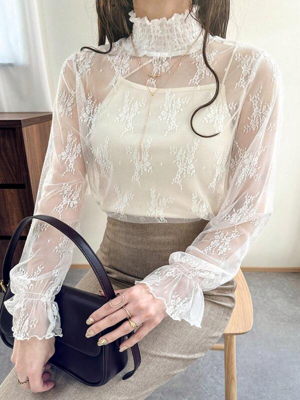 FRIFUL Women's White Lace High Neck Sheer Camisole, Delicate Holiday/Resort Inspired Valentine's Day,Ruffle