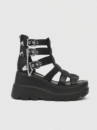 Grunge Punk Fashionable Women Shoes With Metal Buckle Design Open-Toe, Platform Wedge Heel 7.5cm, Vintage Style PU Leather Black Sandals, Suitable For Summer Outings And Dates
