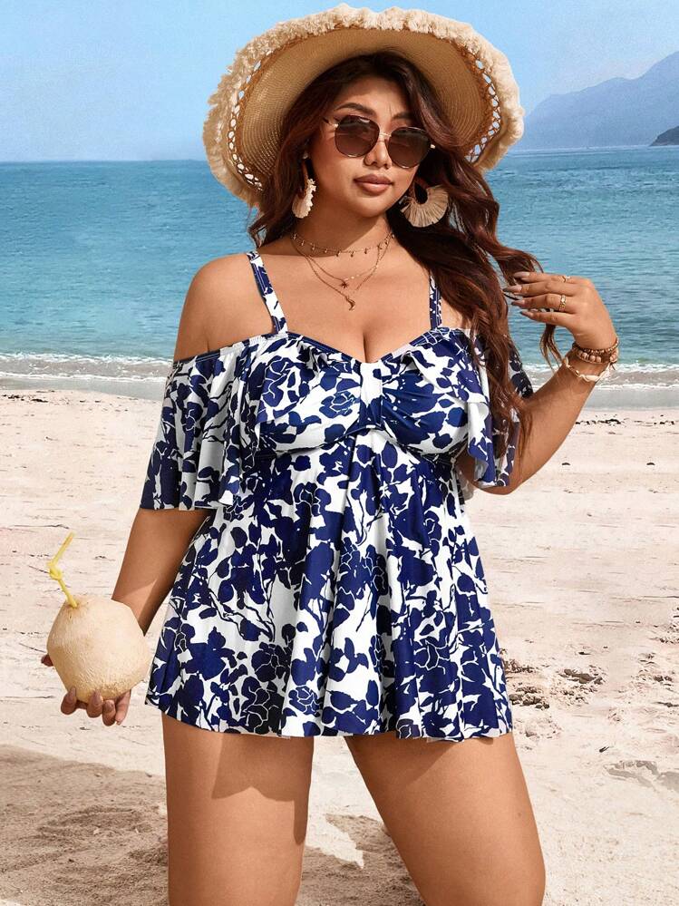 Swim Lushoire Summer Plus Size Random Print Cold Shoulder Adjustable Strap 2pcs Modest & Fashionable Tankini Swimwear - Multicolor - View 5