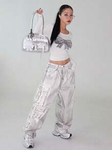 DAZY 街头风格圆领紧身短款蝴蝶结印花女式T恤长袖女式上衣