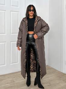 SHEIN Oversize Two-Faced Leopar And Black Long Overcoat