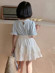 DAZY 2pcs/Set Girls Young Girl Round Neck Knit Short Sleeve Top And Skirt, Fall Outfit (Size: Small) - Blue - View 4