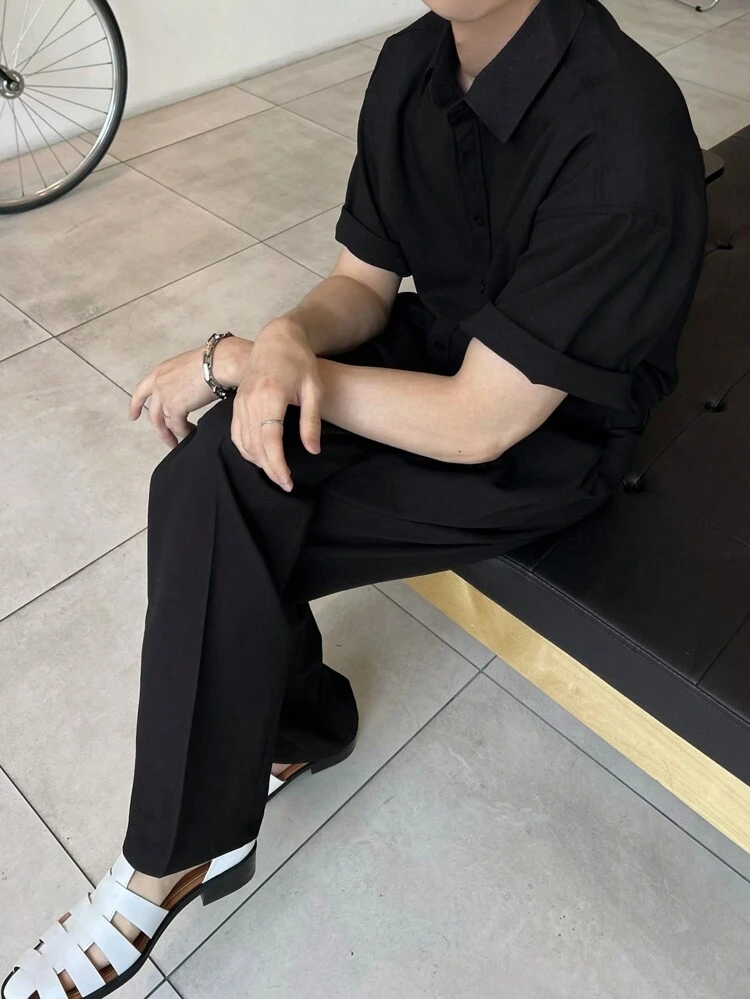 Conjunto de camisa de manga corta de unicolor y pantalones rectos para hombre, ropa de otoño