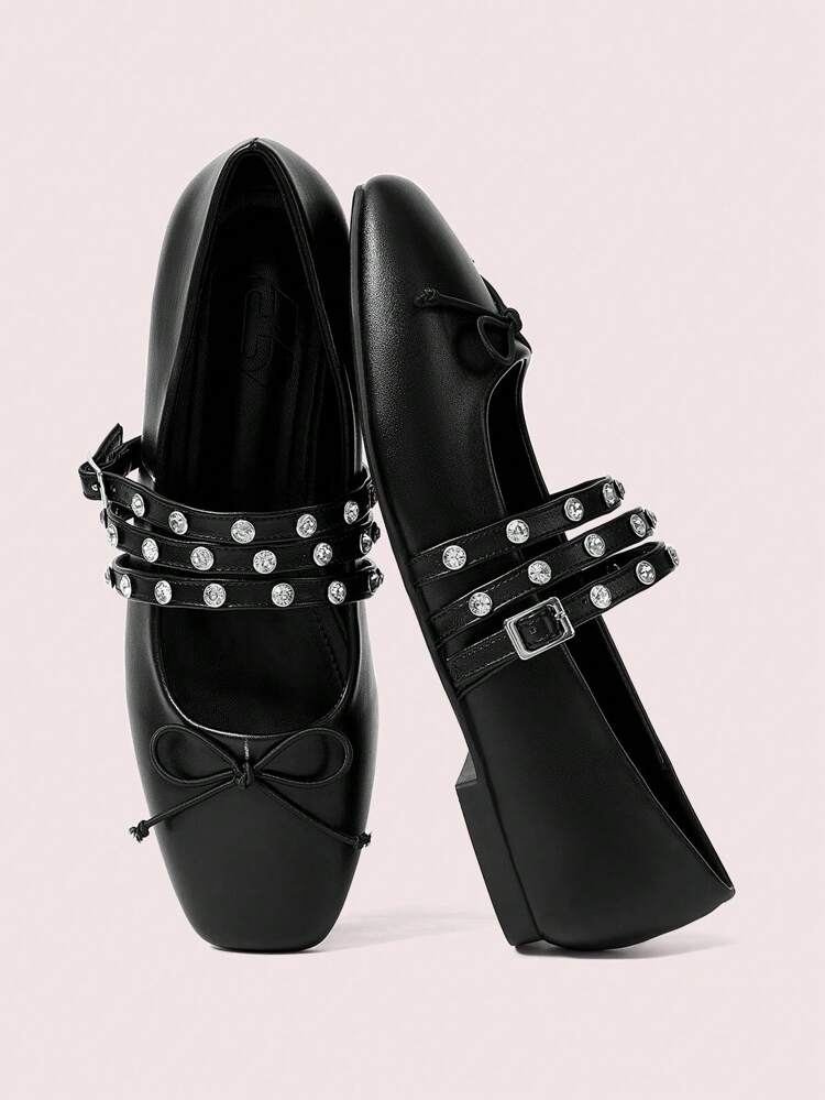 CUCCOO DOLLMOD Stylish Retro Comfortable Casual Black Oily Leather Bow Eyelet Strap Mary Jane Square Toe Flat Shoes Spring Shoes Spring Break Easter