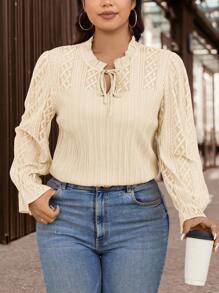 SHEIN Clasi Plus Size Casual Solid Color Lace Patchwork Shirt