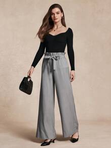 SHEIN Unity Women's Ruffled Waist Wide Leg Striped Tie Waist Pants Fall Cloth For Women - Grey - View 6