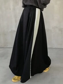 FRIFUL Falda larga de mujer en silueta suelta color negro con ribete de contraste, para primavera/verano - Negro - Ver 4