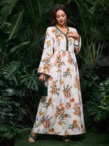 Al Najma 女士花卉印花喇叭袖阿拉伯连衣裙 - 彩色 - 查看 7