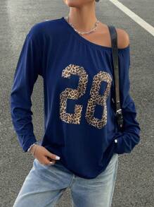 Chiquease 女式休闲海军蓝露肩数字印花 T 恤上衣，秋季