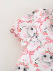 Cozy Pixies Conjunto de 2 piezas de parte superior con botones de manga corta y estampado de animales de dibujos animados, y pantalones cortos de cintura elástica para niñas - Rosa - Ver 5