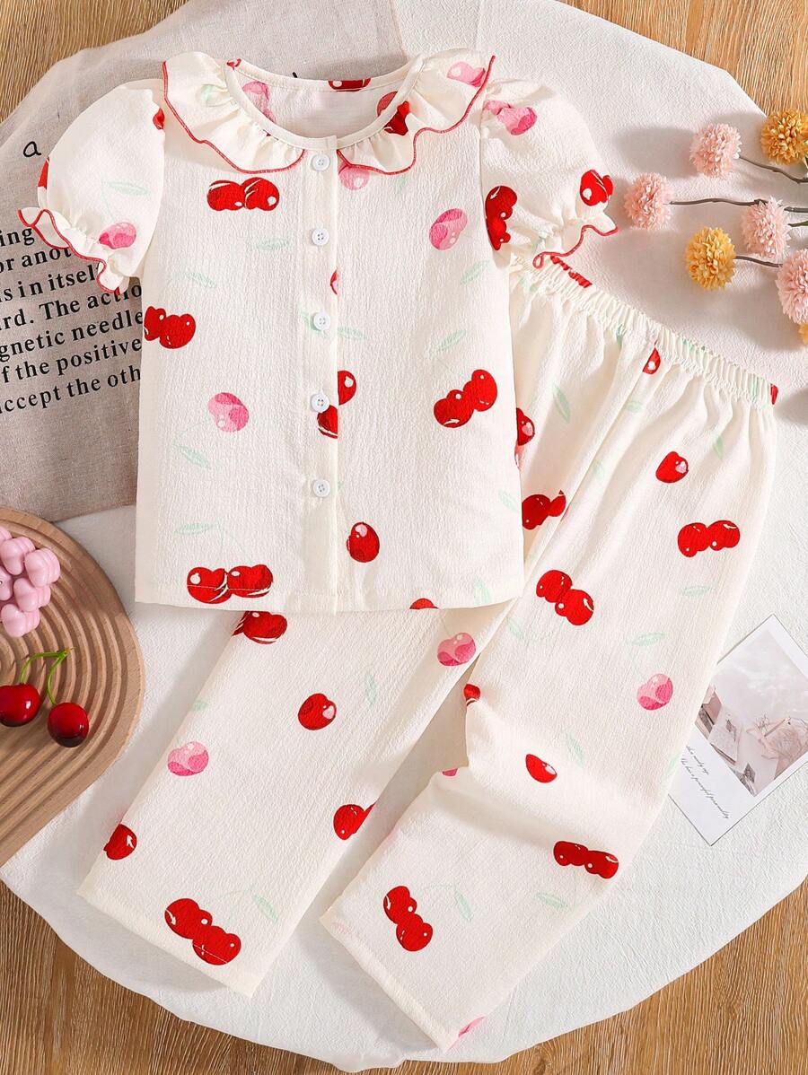 2pcs/Set Young Girl' Cute Cherry Ruffled Neck Short Sleeve Top And Pants Pajamas Set - Apricot - View 1