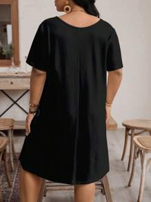 SHEIN LUNE Váy cổ tròn tay ngắn họa tiết chân dung tối giản giản dị cỡ lớn, phù hợp cho mùa hè - màu đen - Xem 5