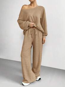 SHEIN EZwear 卡其色針織寬鬆上衣與長褲女款休閒兩件套居家旅行秋季套裝 - 駝色 - 查看 5