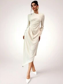 SHEIN Privé 杏色腰部扭纹不对称领长袖优雅长裙，适合日常穿着和通勤，情人节 - 杏色 - 查看 2