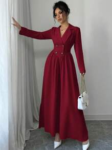 Elenzga Women's Elegant Burgundy Red Maxi Dress: Double-Breasted, Long Sleeve, A-Line Fall Cloth For Women - Burgundy - View 7