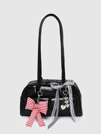 Kawaii Borsa a tracolla retrò carina da donna con fantasia a quadri, fiocco, decorazione a cuore e ciliegie, con tasche multiple, stile borsetta Boston