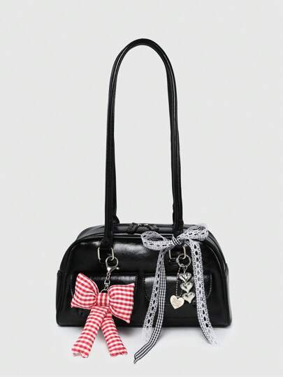 Kawaii Bolso de hombro/axilar retro y lindo de mujer con diseño de cuadros, lazo y corazones de cereza, con múltiples bolsillos, estilo satchel de Boston