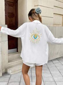 2pcs Women's Casual & Resort Eye Pattern Shirt & Shorts Set