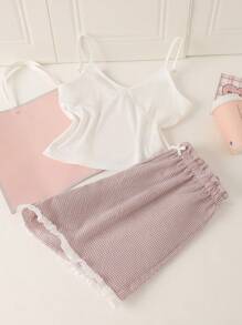 SHEIN 少女时尚休闲舒适白色罗纹和浅紫色格子拼接白色花卉印花吊带背心和短裤 2 件套睡衣套装 - 彩色 - 查看 5