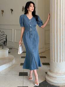 DAZY 女士 V 领短袖鱼尾牛仔连衣裙 - 中等水洗藍 - 查看 6