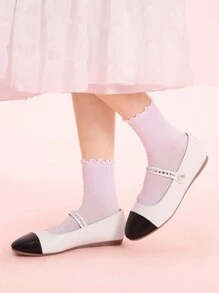 CUCCOO DOLLMOD 女士时尚可爱黑白拼接链条圆头平底鞋，舒适休闲，适合工作、约会、购物情人节 - 白色 - 查看 2