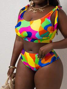 Slaydiva Bikini mùa hè cỡ lớn cho nữ 2 mảnh in hình học buộc dây phía trước thời trang thường ngày - Nhiều màu - Xem 6