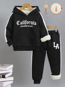 SHEIN 2pcs Hooded Patchwork Printed Sweatshirt Set For Young Boys, Thermal Lined Suitable For Spring, Autumn, Winter, Outdoor Sports, Casual, Fashion, Back To School - Black - View 1