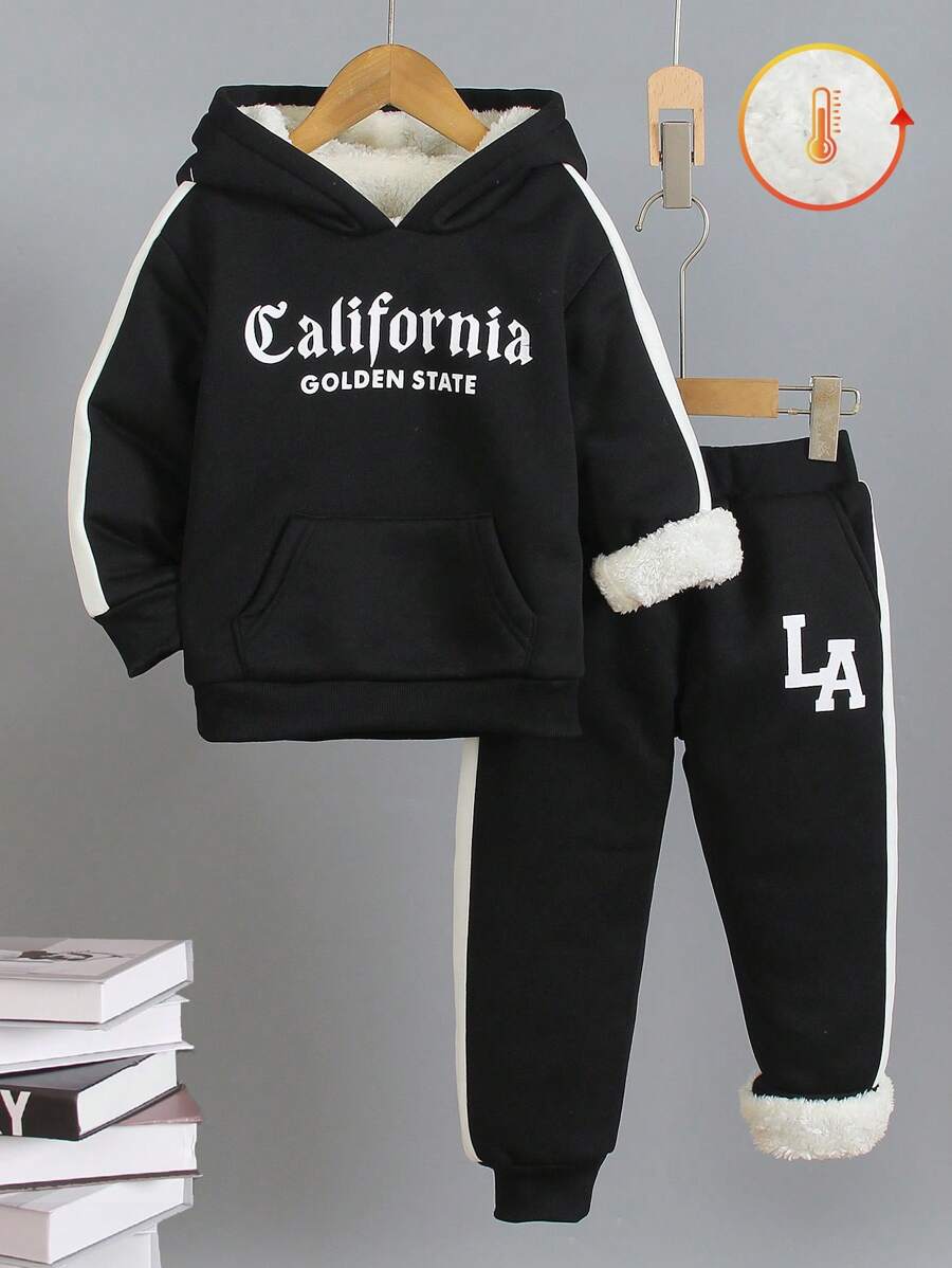 SHEIN 2pcs Hooded Patchwork Printed Sweatshirt Set For Young Boys, Thermal Lined Suitable For Spring, Autumn, Winter, Outdoor Sports, Casual, Fashion, Back To School - Black - View 1