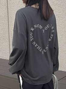 FRIFUL Women's Loose Gray T-Shirt With Rhinestone Heart Print, Spring,Graphic Tees Long Sleeve Women Tops