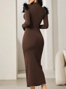 Modelyn 女士优雅拼布毛绒下摆中长紧身连衣裙，秋季长款女装