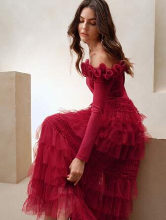 Anewsta 1st Vrouwen 3D Bloemen Lange Mouw V-hals Bodycon Mesh Ruffle Zoom Lange Jurk, Voor Valentijnsdag En Date Night