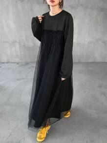 FRIFUL Women's Black Solid Color Waist Cinching Dress With Mesh Splice, Spring,Casual Women Dresses