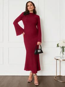 MaterniWear Maternity Elegant Floor Length Mermaid Dress Black, Long Flare Sleeve Slim Fit Maxi Gown For Pregnant Women - Burgundy - View 5
