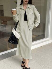 DAZY 2 件套女士纯色宽松衬衫和 A 字裙套装，荷叶边，秋季女装