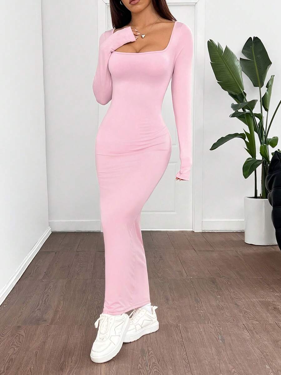 SHEIN EZwear Women's Fall/Winter Basic Knit Grey Fitted Square Neck Long Sleeve Dress - Pink - View 1