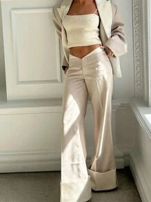 Siren Gaze Quần âu màu trơn mùa xuân hè dành cho nữ, thiết kế cạp 2 lớp, họa tiết khối màu ở chân, quần ống rộng, trang phục đi làm hàng ngày, quần áo thu đông cho nữ - Màu be - Xem 1