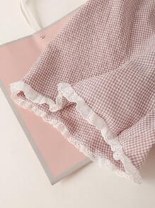 SHEIN 少女时尚休闲舒适白色罗纹和浅紫色格子拼接白色花卉印花吊带背心和短裤 2 件套睡衣套装 - 彩色 - 查看 6