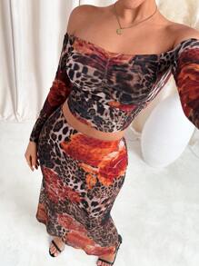 SHEIN Clasi Elegant Women's Leopard Print Flower Print Pleated See Through Mesh Knitted Top And Hip Hugging Straight Leg Skirt, Suitable For Wearing In Various Occasions