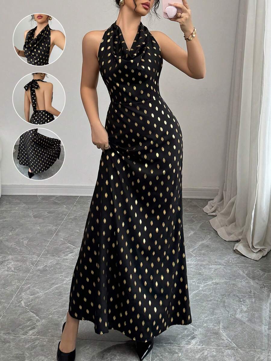 Chiquease Elegant Form-Fitting Draped Neck Tie Backless Hollow Out Side Invisible Zipper A-Line Woven Foil Polka Dot Dress For Women, Spring/Summer